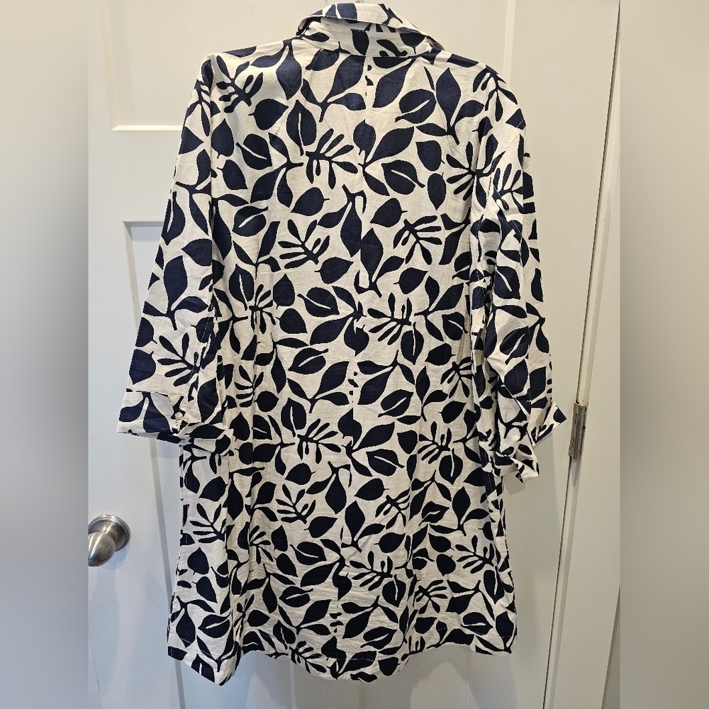 KikiSol Navy Leaf Print Cotton Zip Front Tunic Jacket Size XL Lightweight Boho R - Picture 4 of 12